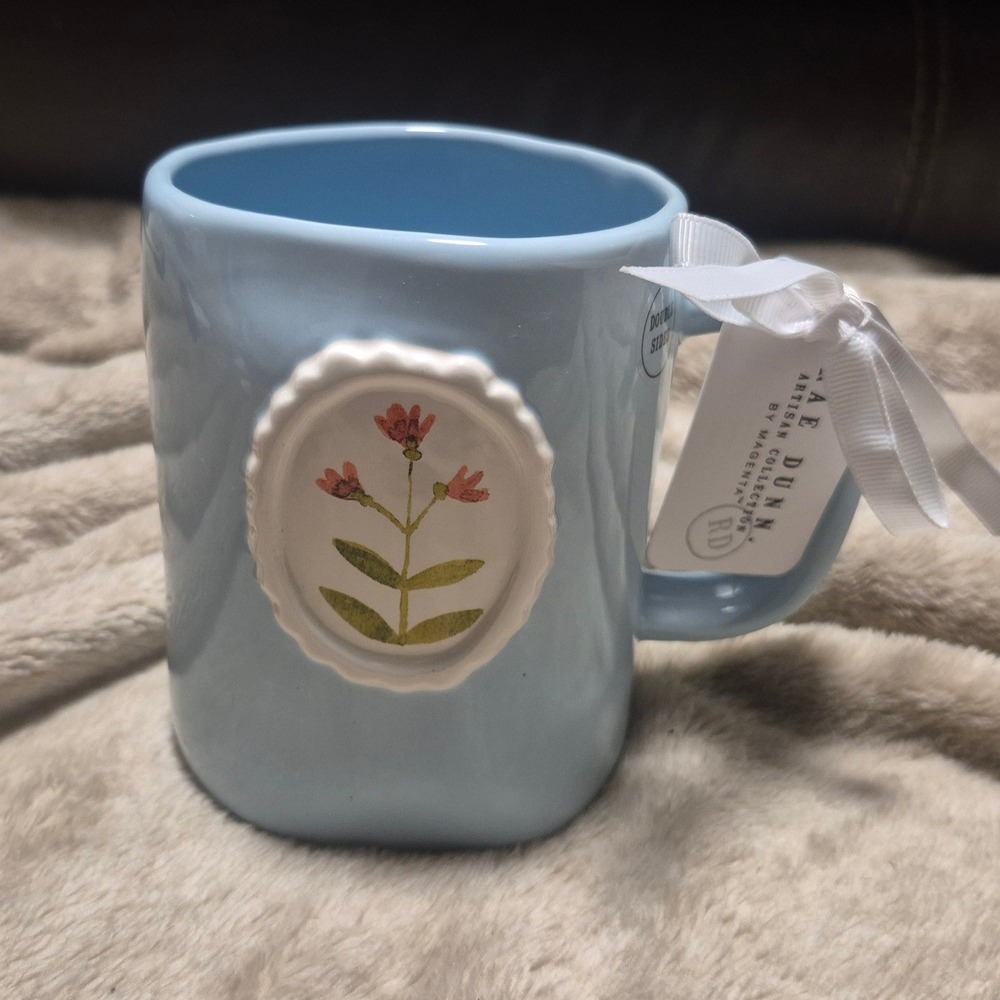 Rae Dunn Grateful For Every Little Thing Floral Cameo Blue Ceramic Mug NWT
